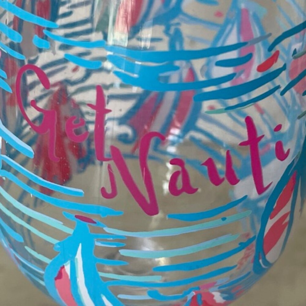 LILLY PULITZER Get Nauti Acrylic Wine Glass Goblet Blue White Pink Sailboat - Picture 3 of 12
